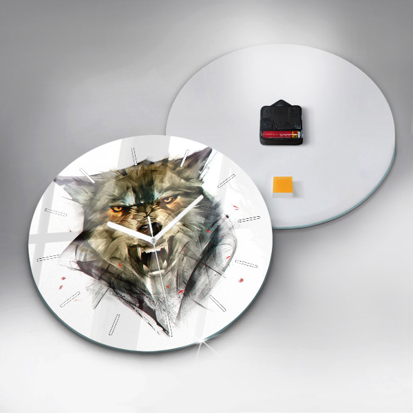 Round glass clock Drawn portrait of a wolf