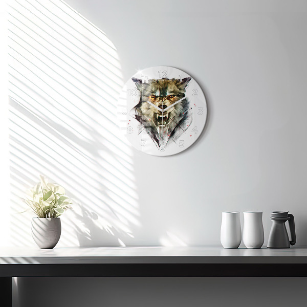 Round glass clock Drawn portrait of a wolf
