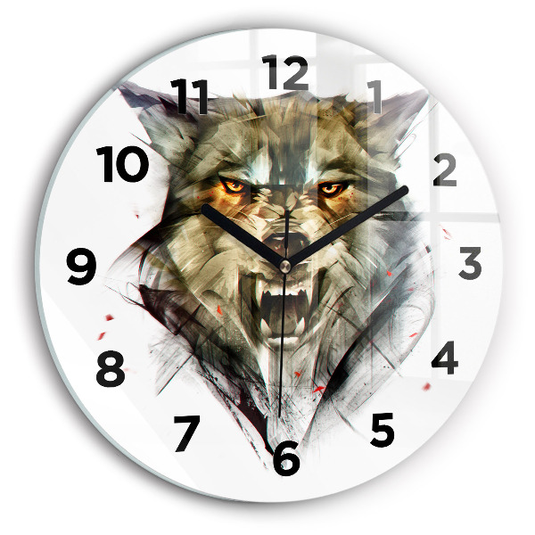 Round glass clock Drawn portrait of a wolf
