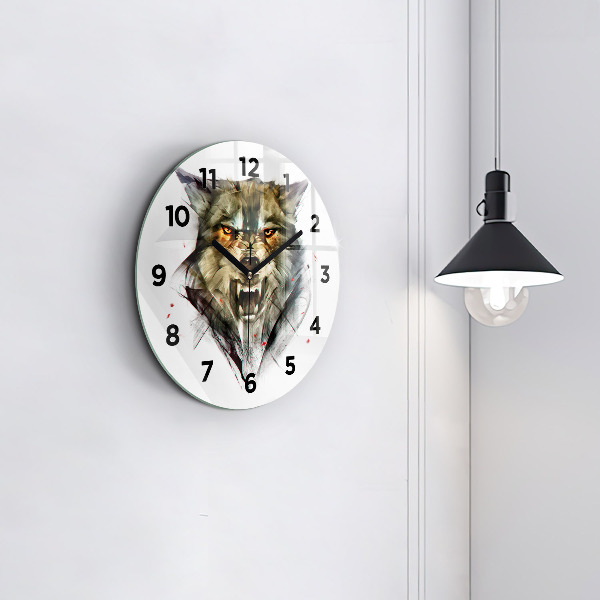 Round glass clock Drawn portrait of a wolf
