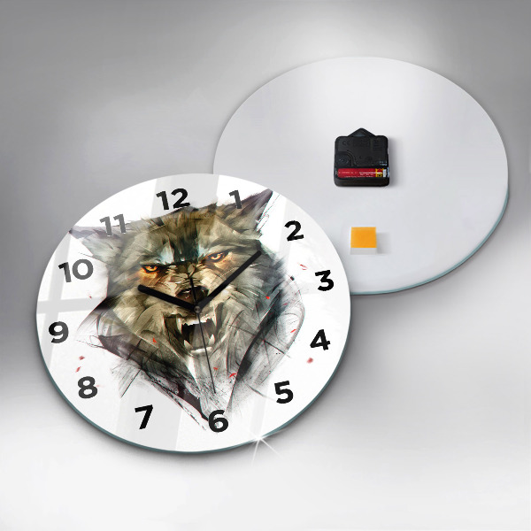 Round glass clock Drawn portrait of a wolf