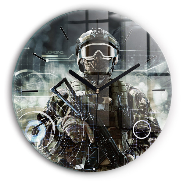 Round glass clock Soldier with a gun