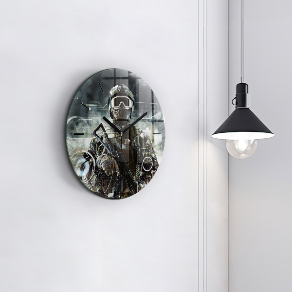 Round glass clock Soldier with a gun
