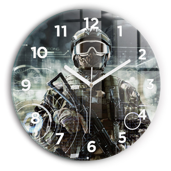 Round glass clock Soldier with a gun