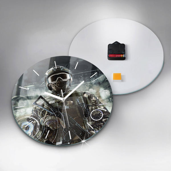 Round glass clock Soldier with a gun