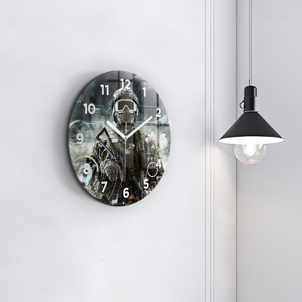 Round glass clock Soldier with a gun