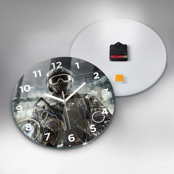 Round glass clock Soldier with a gun
