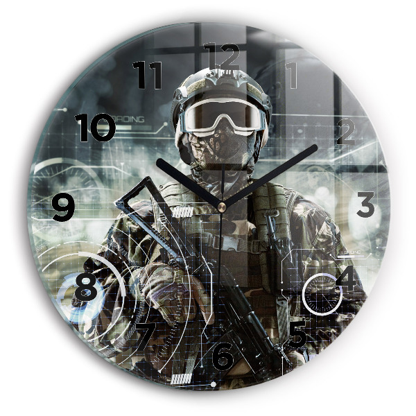 Round glass clock Soldier with a gun
