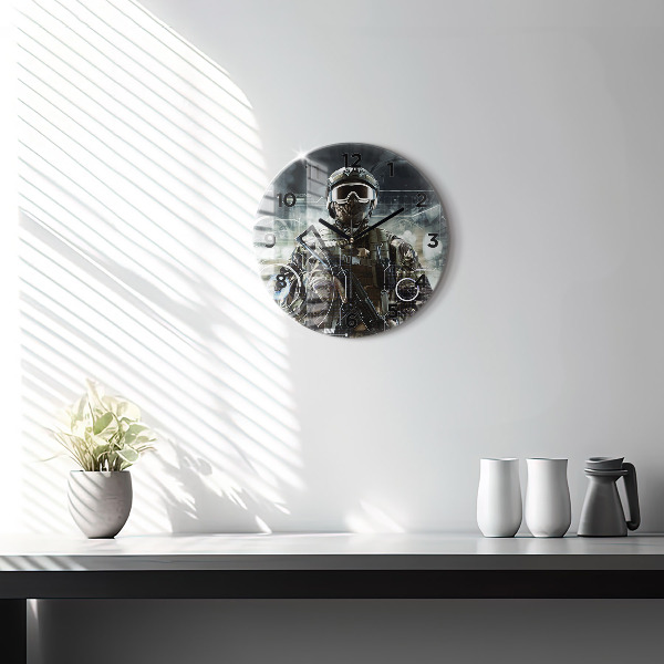 Round glass clock Soldier with a gun