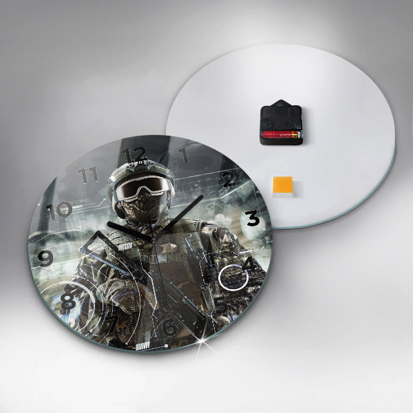 Round glass clock Soldier with a gun