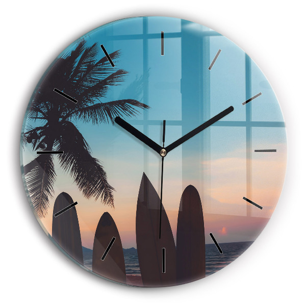 Round glass clock Surfing on the beach