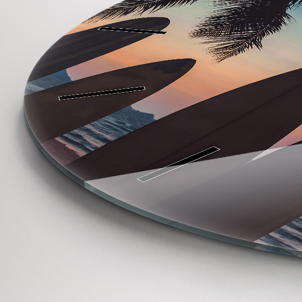 Round glass clock Surfing on the beach