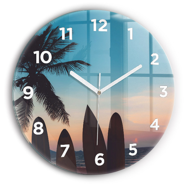 Round glass clock Surfing on the beach