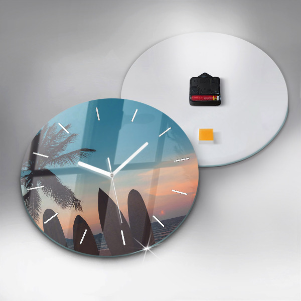 Round glass clock Surfing on the beach
