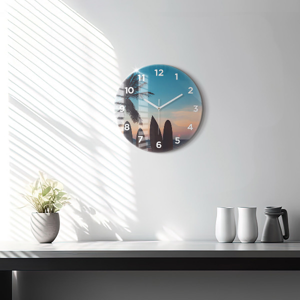 Round glass clock Surfing on the beach