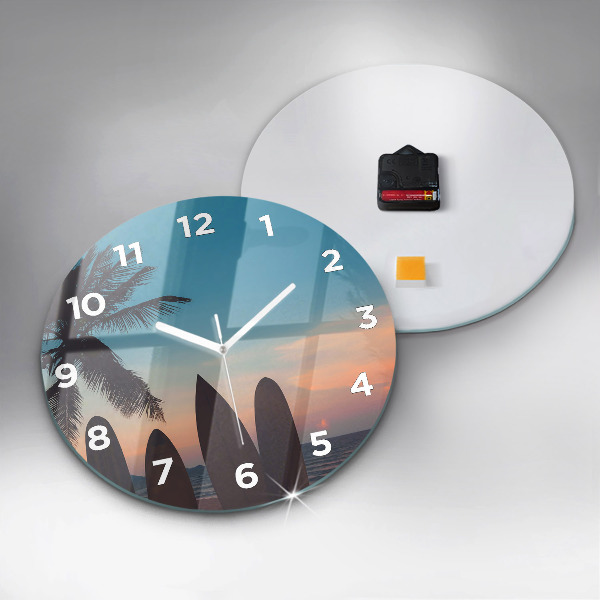 Round glass clock Surfing on the beach