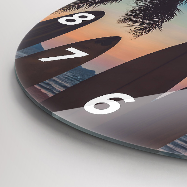 Round glass clock Surfing on the beach