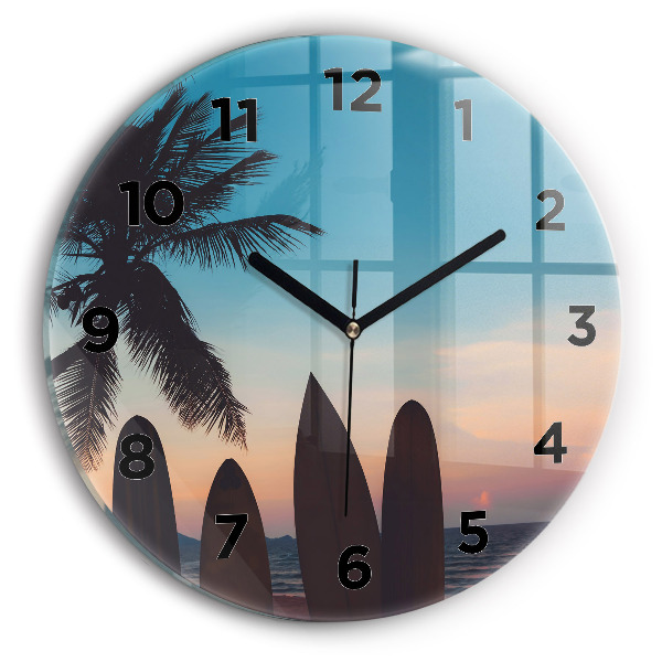 Round glass clock Surfing on the beach