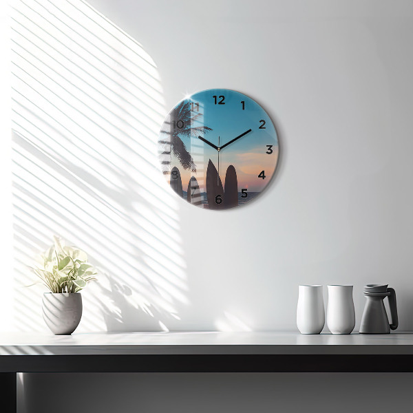 Round glass clock Surfing on the beach