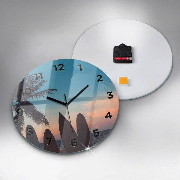 Round glass clock Surfing on the beach