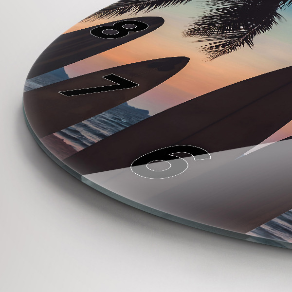 Round glass clock Surfing on the beach