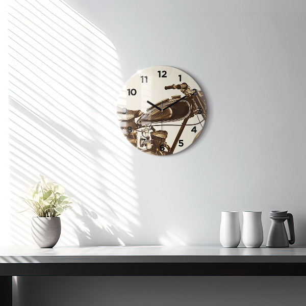 Round glass clock Vintage Motorcycle Sepia