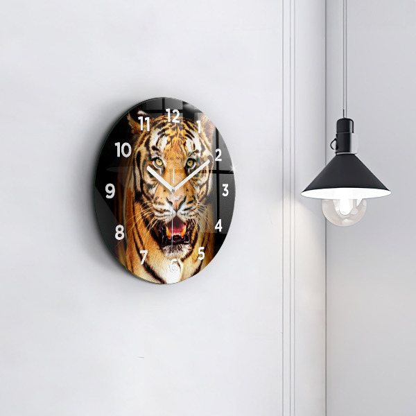 Round glass clock Tiger - wild look