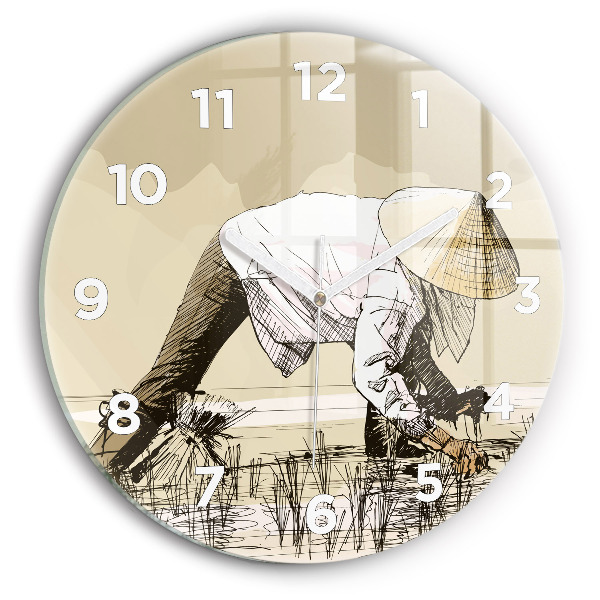 Round glass clock Woman picking rice
