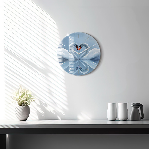 Round glass clock Swans in the heart