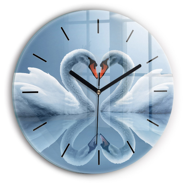 Round glass clock Swans in the heart