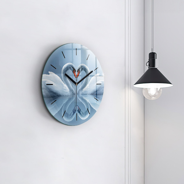Round glass clock Swans in the heart