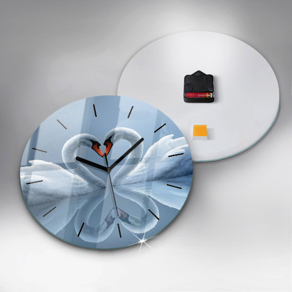 Round glass clock Swans in the heart