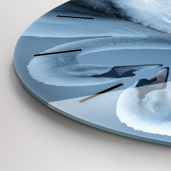 Round glass clock Swans in the heart