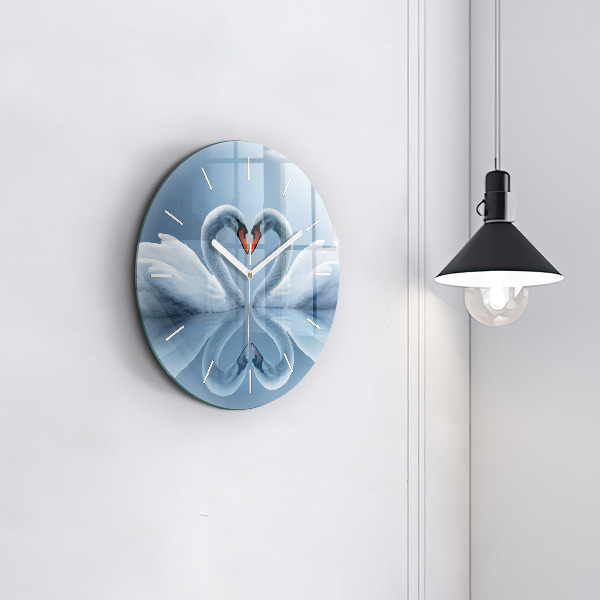 Round glass clock Swans in the heart