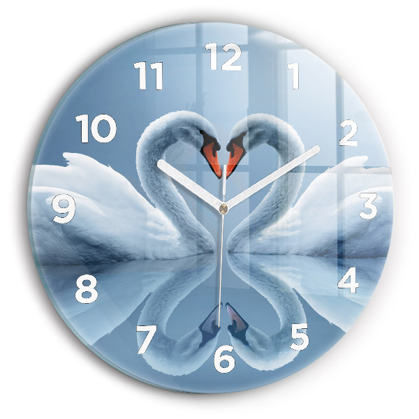 Round glass clock Swans in the heart