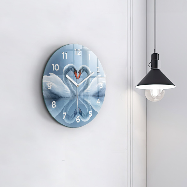 Round glass clock Swans in the heart