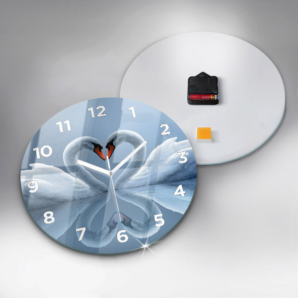 Round glass clock Swans in the heart