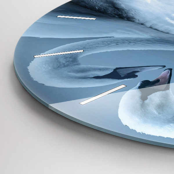 Round glass clock Swans in the heart