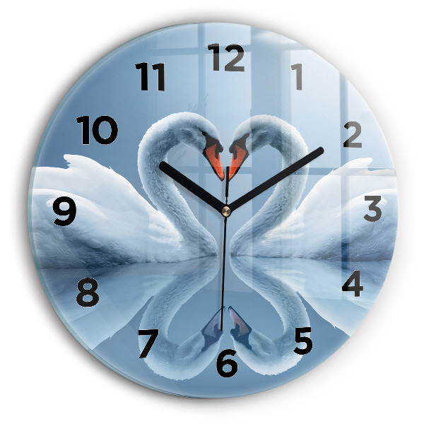 Round glass clock Swans in the heart