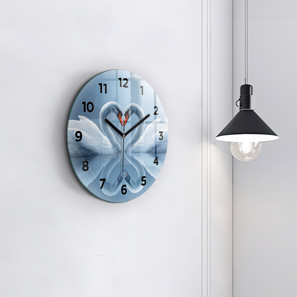 Round glass clock Swans in the heart