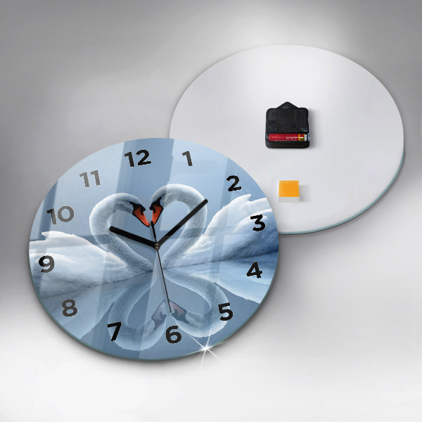 Round glass clock Swans in the heart