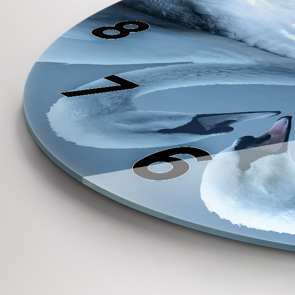 Round glass clock Swans in the heart