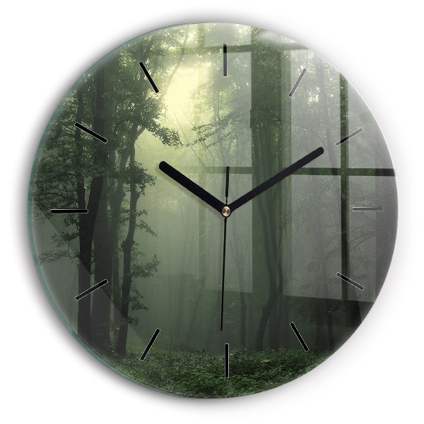 Round glass clock Misty forest in the morning