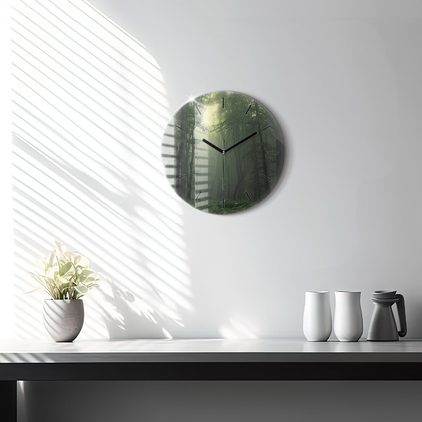 Round glass clock Misty forest in the morning