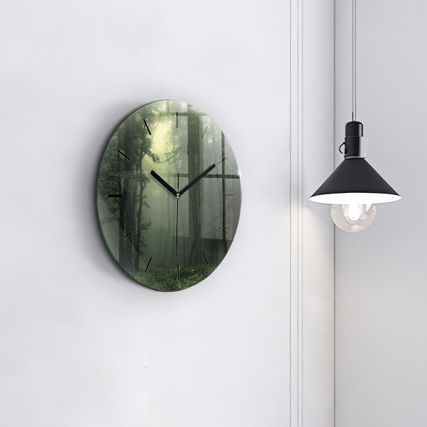 Round glass clock Misty forest in the morning