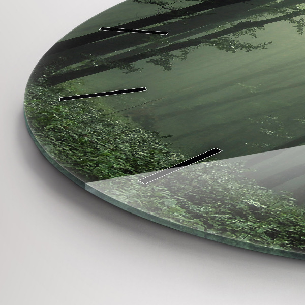 Round glass clock Misty forest in the morning