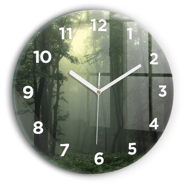 Round glass clock Misty forest in the morning