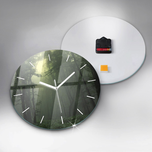 Round glass clock Misty forest in the morning