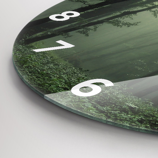Round glass clock Misty forest in the morning