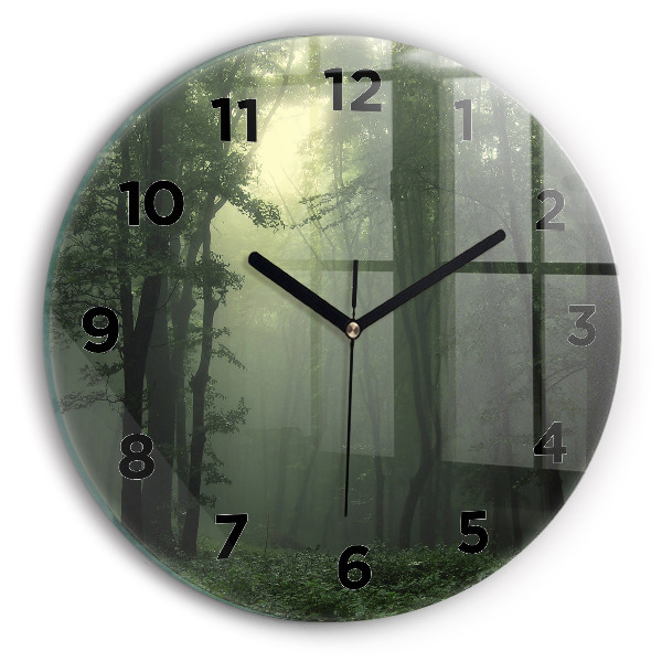 Round glass clock Misty forest in the morning